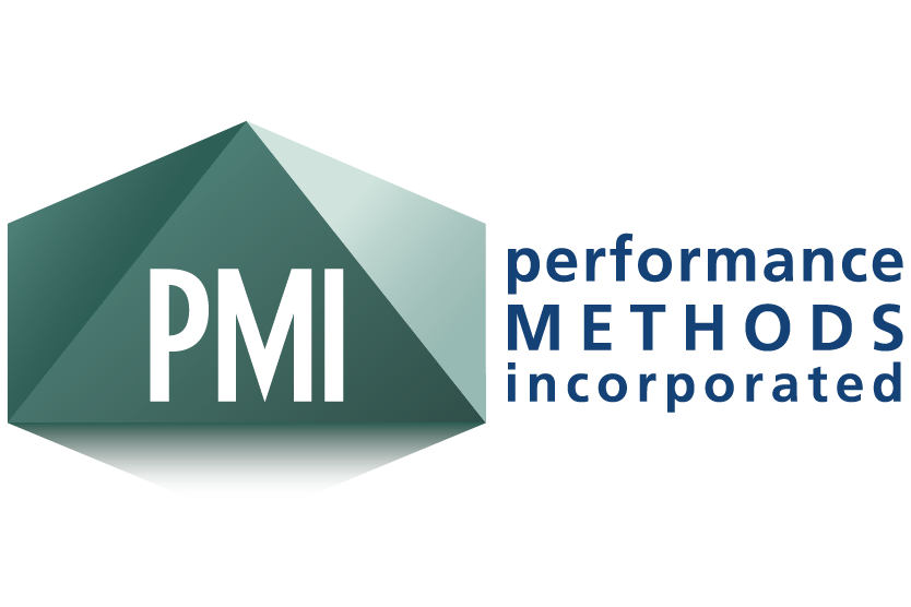 Logo for Performance Methods Incorporated features a green geometric shape with PMI in bold white letters and the company name performance METHODS incorporated in blue text to the right.