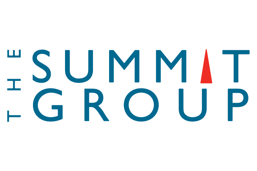 Logo for The Summit Group with blue text on a light background. The letter A in SUMMIT is replaced by a red triangle resembling a mountain peak.