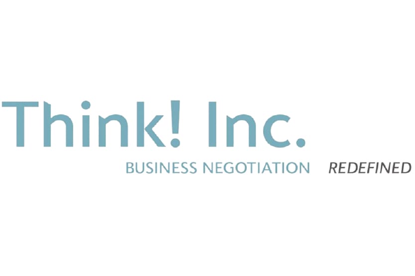 Logo with the text Think! Inc. in large blue letters, and below it, BUSINESS NEGOTIATION in smaller blue letters, followed by REDEFINED in italicized gray letters.