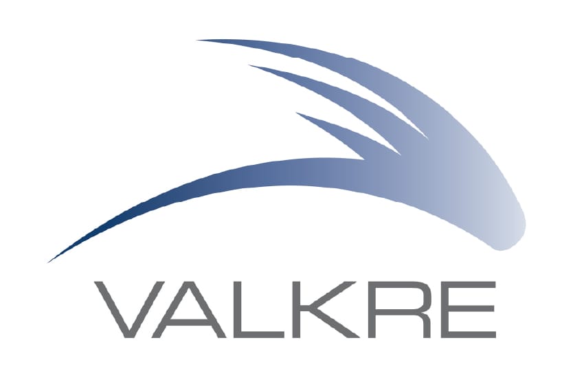 Logo featuring a stylized blue swoosh with four points above the word VALKRE in gray, bold, uppercase letters on a white background.