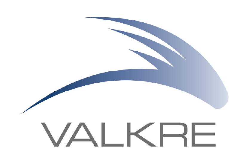 A stylized blue arc with five swooping lines above the word VALKRE in bold gray capital letters on a white background.