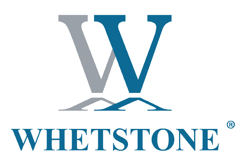 Logo with two overlapping Ws, one gray and one blue, above the word WHETSTONE in bold blue uppercase letters. A small registered trademark symbol appears to the upper right of the text.