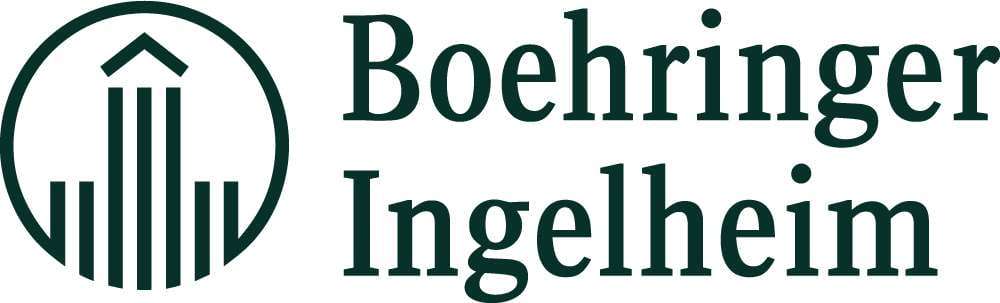 Boehringer Ingelheim logo featuring a stylized building with vertical lines inside a circle on the left, and the company name in dark green text on the right.