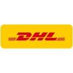 The image shows the DHL logo with bold red letters and three horizontal lines on a bright yellow rectangular background with rounded corners.