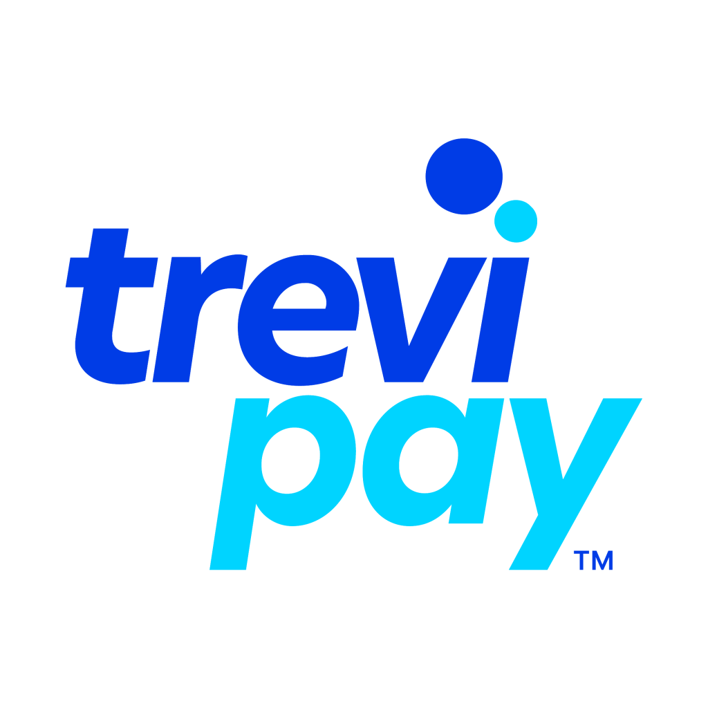 TreviPay logo with trevi in dark blue and pay in light blue lowercase letters on a white background, featuring two stacked blue dots above the i in trevi..