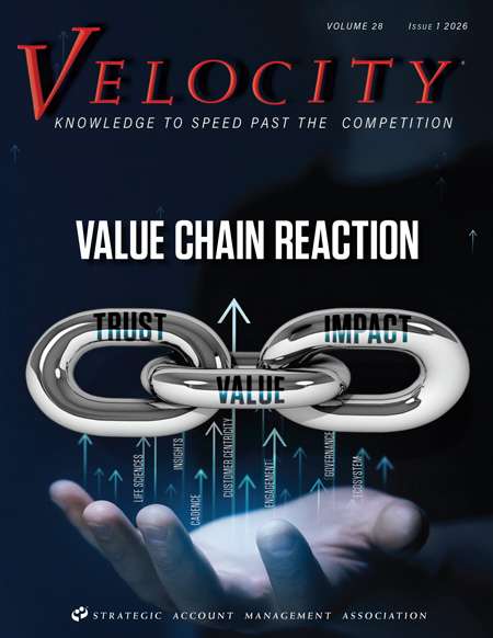 Magazine cover titled Velocity with a metallic chain in the center. Arrows labeled Trust, Value, and Impact point upward from a hand beneath the chain. Issue details and association logo appear at the top and bottom.
