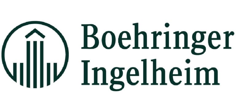 Boehringer Ingelheim logo featuring a stylized graphic of a building inside a circle, with the company name written to the right in dark green text.