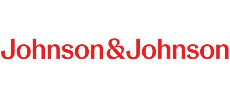 The image shows the Johnson & Johnson logo with the company name written twice in red text, separated by an ampersand, on a white background.