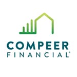 Compeer Financial logo featuring a green gradient line graphic resembling a house with a bar chart inside above the words Compeer Financial in blue-green text.