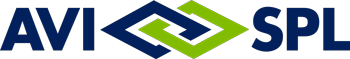 AVI-SPL logo with bold blue letters AVI and SPL separated by two interlocking diamond shapes, one dark blue and one green, on a light background.