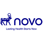 A blue logo with a stylized cow icon, the word novo in lowercase letters, and the tagline Lasting Health Starts Now beneath it.