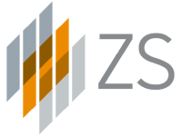 The image shows the ZS logo, featuring seven vertical parallelogram shapes in gray and orange shades, arranged to form a stylized Z, with the letters ZS in gray on the right.