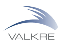 A stylized blue swoosh resembling a wing or feather appears above the word VALKRE in bold, gray uppercase letters on a white background.