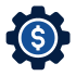A blue gear icon with a white circle in the center containing a blue dollar sign, symbolizing financial management or economic settings.