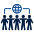 Five people figures stand in a row under a globe symbol, connected by two curved lines, representing global connection or teamwork.